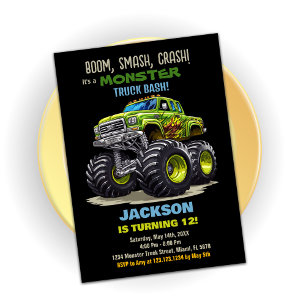Green Black Monster Truck Birthday Invitations