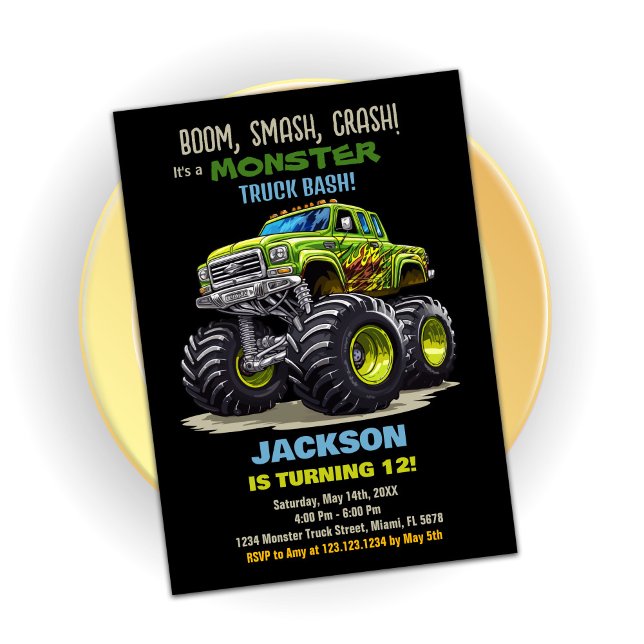 Green Black Monster Truck Birthday Invitations (Green Black Monster Truck Birthday Invitations)