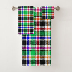 Green Black Multicolour Flannel Plaid Tartan Bath Towel Set