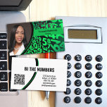 Green Black Numbers Custom Photo QR Code Business Card<br><div class="desc">A green and black numbers background on this design features a photo placeholder on the left with template name on the right. The back includes a coordinated design and colours with text fields for the business name and details. Replace the placeholder photo with your vertical format photographand your link for...</div>