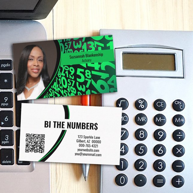 Green Black Numbers Custom Photo QR Code Business Card (Share your business information on this double-sided custom photo, QR Code business card design.)