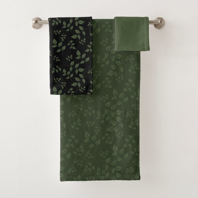 Green black pattern leaves  bath towel set (Insitu)