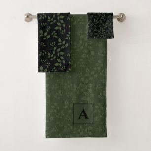 Green black pattern leaves monogram bath towel set