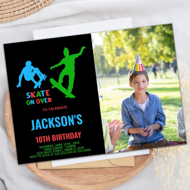 Green Black Photo Skateboards Birthday Invitations (Green Black Photo Skateboards Birthday Invitations)