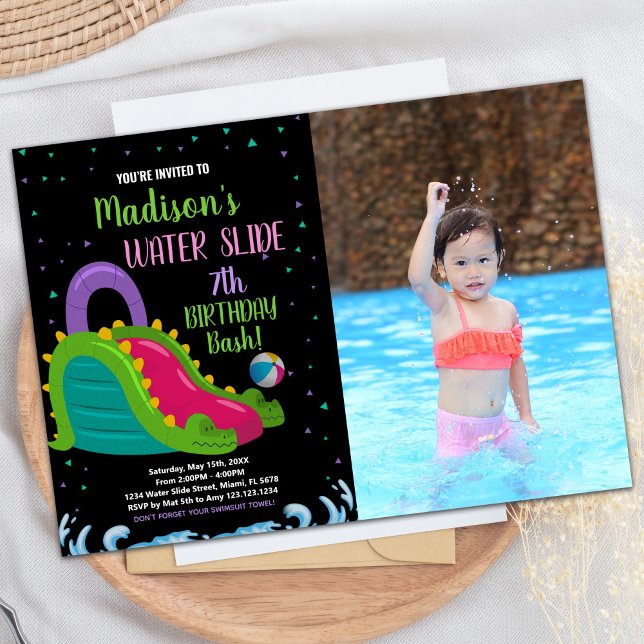 Green Black Pink Photo Water Slide Birthday Invitation (Green Black Pink Photo Water Slide Birthday Invitation)