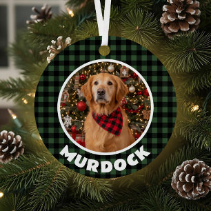 Green & Black Plaid Christmas Personalised Pet Metal Tree Decoration