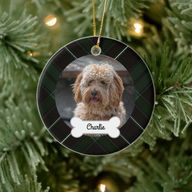 Green Black Plaid Custom Pet Puppy Dog Photo Ceramic Tree Decoration (Tree)