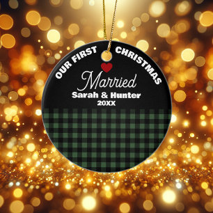 Green & Black Plaid Our 1st Christmas Married Ceramic Tree Decoration