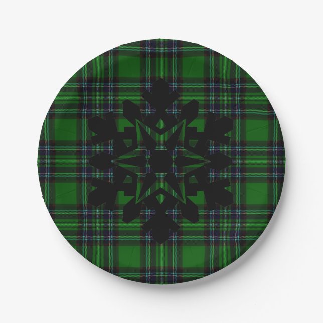 Green Black Plaid rustic snow flake  Paper Plate (Front)