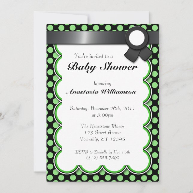 Green & Black Polka Dot Baby Shower Invitation (Front)