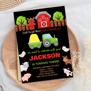 Green Black Red Farm Animals Birthday Invitations