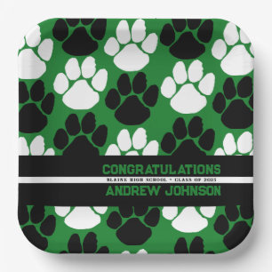 Green & Black Repeating Pawprint Personalized Paper Plate