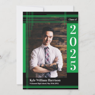 Green Black School Colour Graduation Photo Plaid Invitation