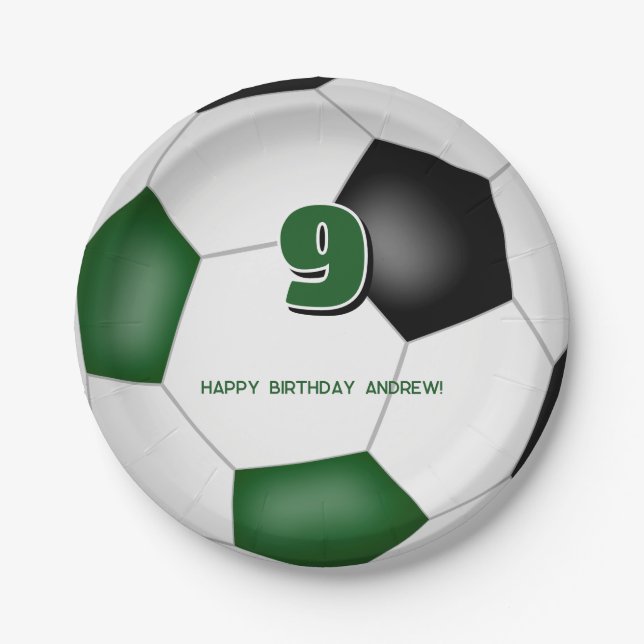 green black soccer ball kids birthday party paper plate (Front)