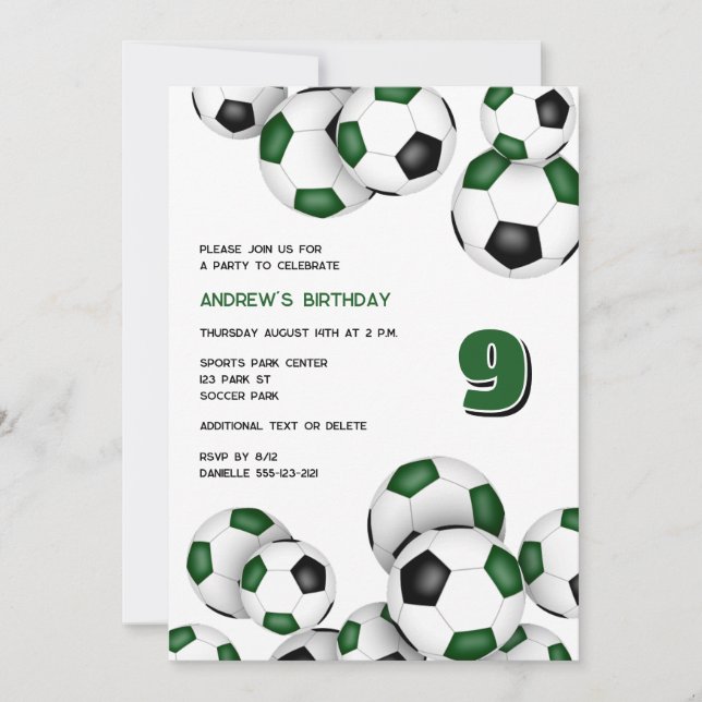 green black soccer balls boys girls birthday invitation (Front)