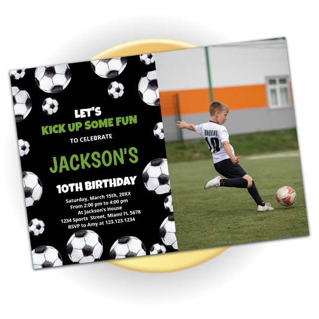 Green Black Soccer Birthday With Photo Invitation (Creator Uploaded)