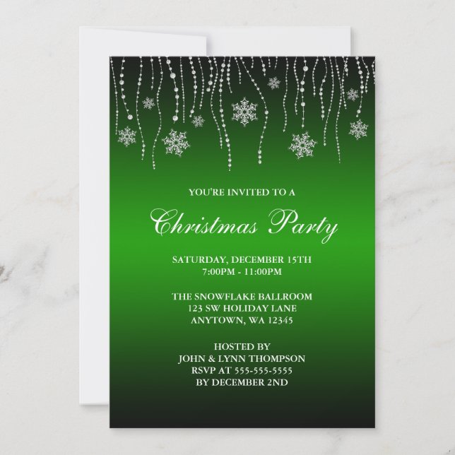 Green Black Sparkle Snowflakes Christmas Party Invitation (Front)