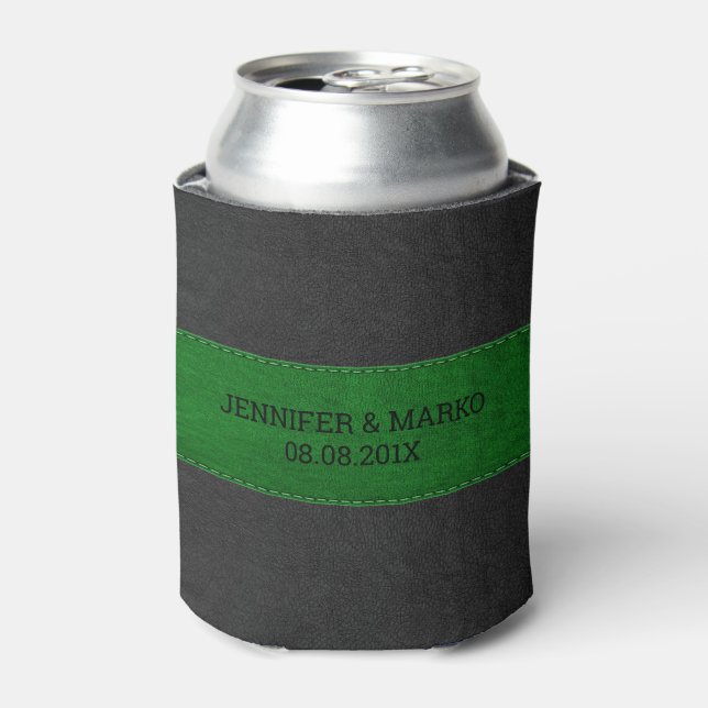 Green & Black Stitched Vintage Leather Can Cooler (Can Front)