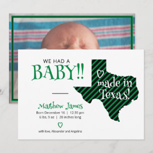 Green/Black Striped Made in Texas Photo Baby Announcement