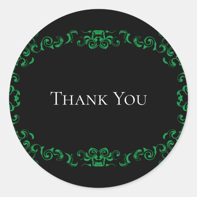 Green & Black Swirl Gothic Wedding Classic Round Sticker (Front)