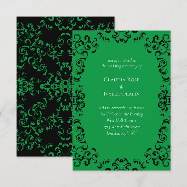 Green & Black Swirl Gothic Wedding Invitation (Front/Back)