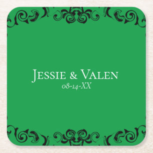 Green Black Swirl Gothic Wedding Square Paper Coaster