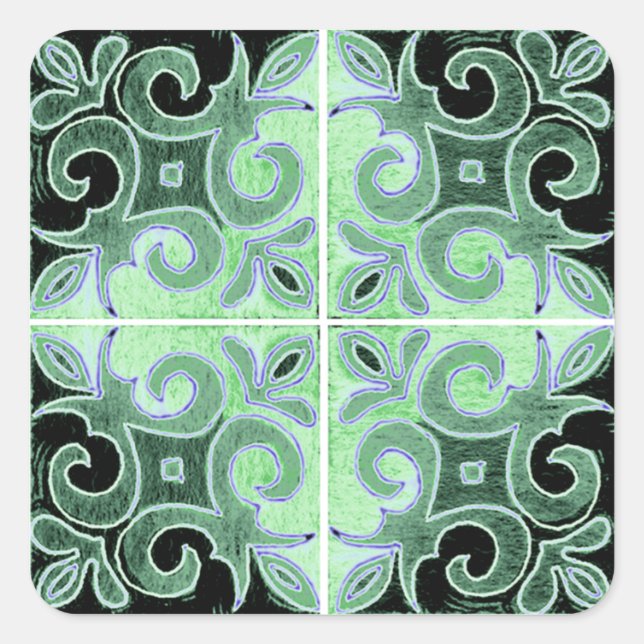 Green Black Swirl Inspired by Portuguese Azulejos Square Sticker (Front)