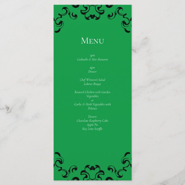 Green Black Swirl Wedding Menu (Front)