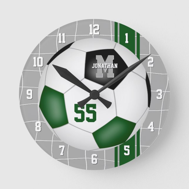 Green black team colours varsity stripes soccer round clock (Front)
