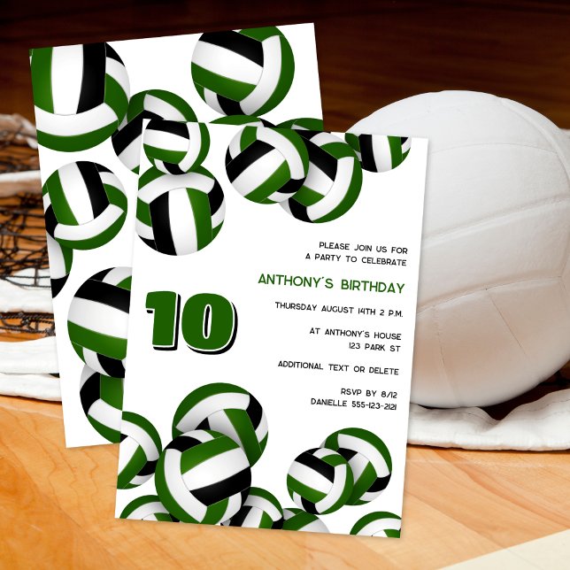 green black team colours volleyballs birthday part invitation (front & back views)