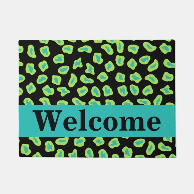 Green Black Turquoise Leopard Skin Pattern Welcome Doormat (Front)