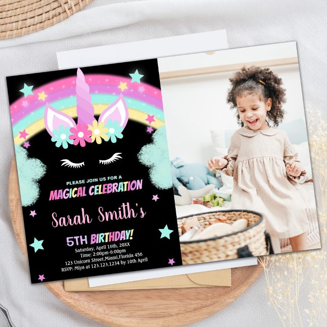 Green Black Unicorn Birthday Invitations w photo (Green Black Unicorn Birthday Invitations w photo)