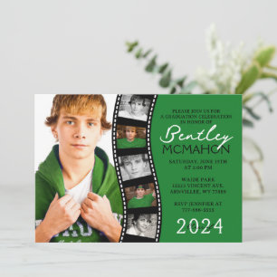 Green & Black Unique Filmstrip 6 Photo Graduation Invitation