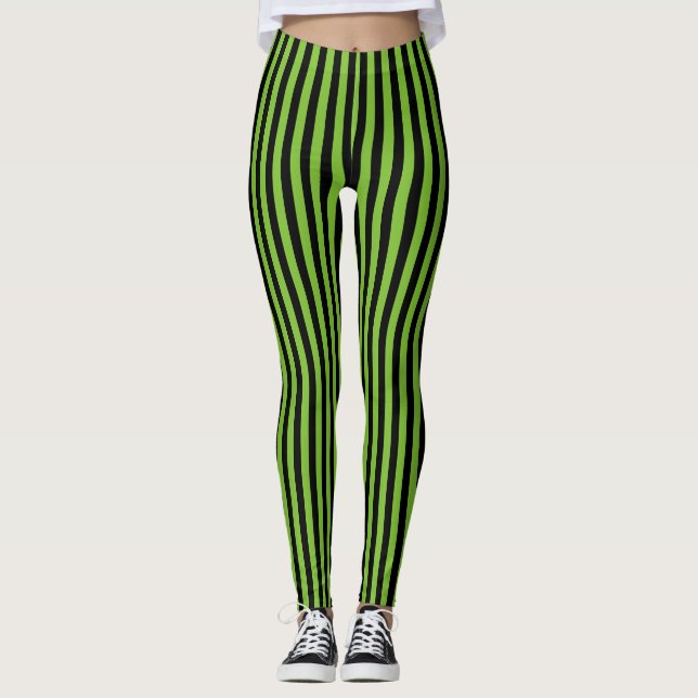 Green Black Vertical Stripe Halloween Leggings (Front)