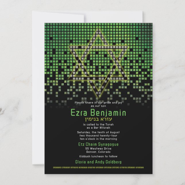 Green Black Video Game Gamer Bar Mitzvah  Invitation (Front)