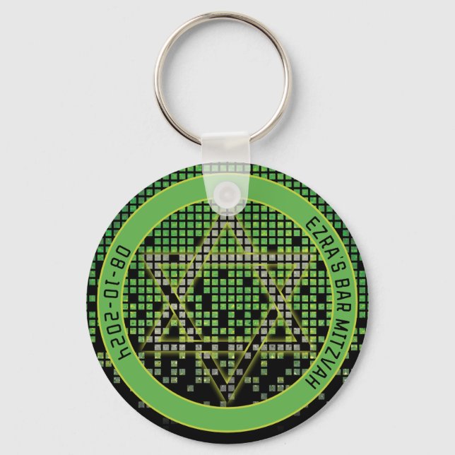 Green Black Video Game Gamer Bar Mitzvah Key Ring (Front)