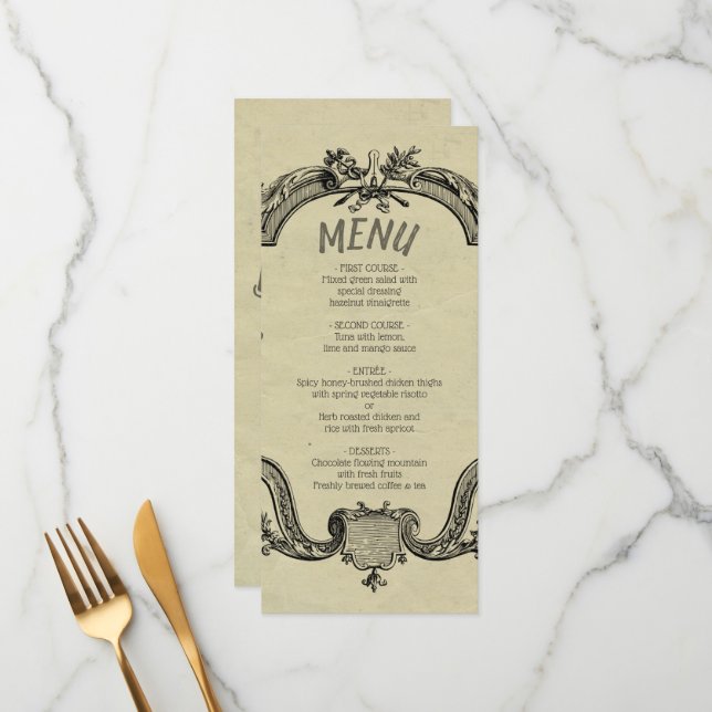 Green Black Vintage Classic Wedding Menu (Front/Back In Situ)