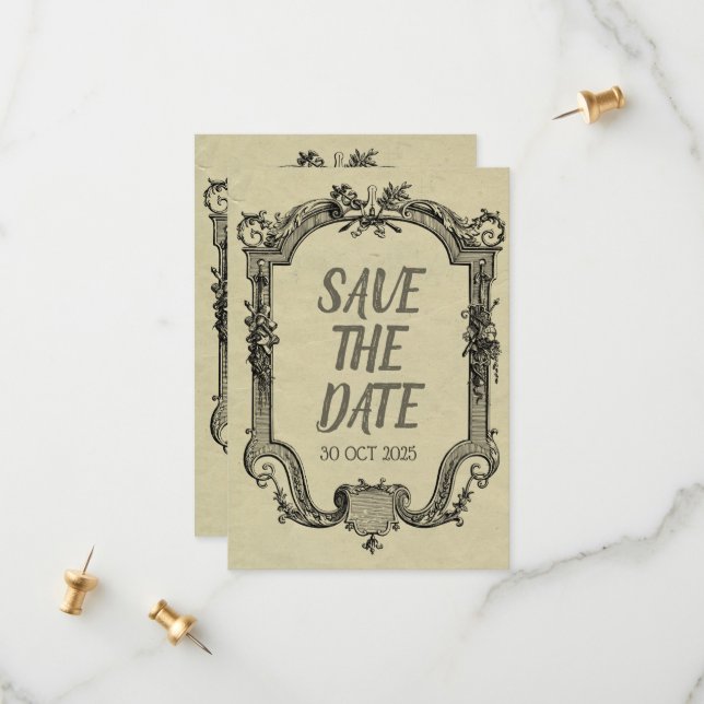 Green Black Vintage Classic Wedding Save The Date (Front/Back In Situ)