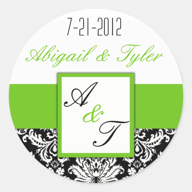 Green Black Wedding Monogram Damask Sticker (Front)