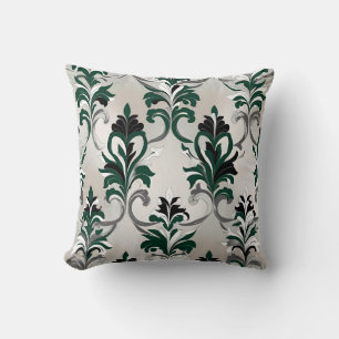 Green, Black, White and Silver Damask Style Cushion
