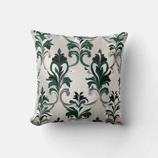 Green, Black, White and Silver Damask Style Cushion (Front)