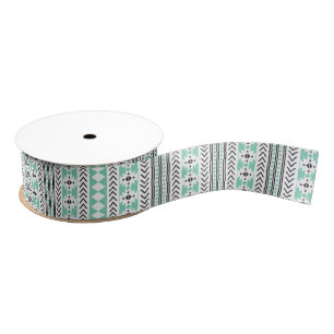 Green Black White Aztec Tribal  Geometric Pattern Grosgrain Ribbon
