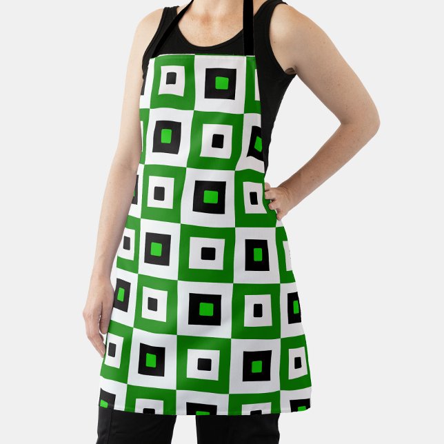 Green Black White Checkered Squares Pattern Apron (Creator Uploaded)