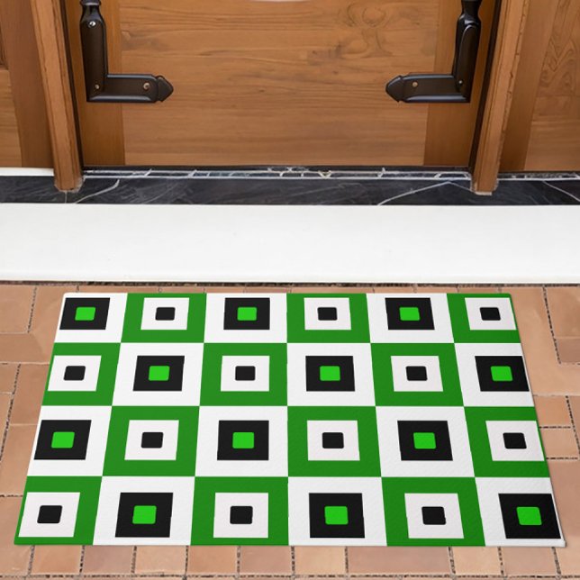 Green Black White Checkered Squares Pattern Doormat (Creator Uploaded)