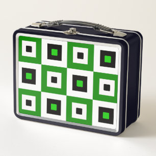 Green Black White Checkered Squares Pattern Metal Lunch Box
