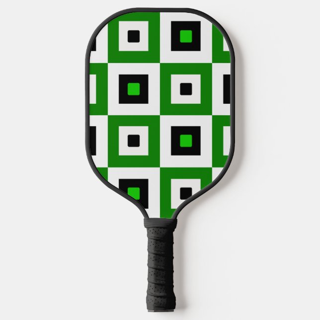 Green Black White Checkered Squares Pattern Pickleball Paddle (Front)