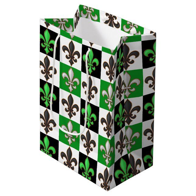 Green Black White Chequered Fleur-de-lis Design  Medium Gift Bag (Creator Uploaded)