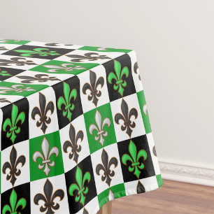 Green Black White Chequered Fleur-de-lis Design Tablecloth