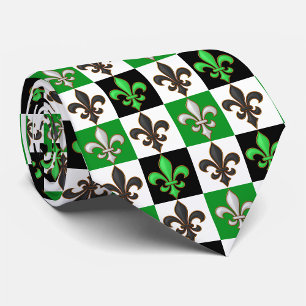 Green Black White Chequered Fleur-de-lis Design Tie