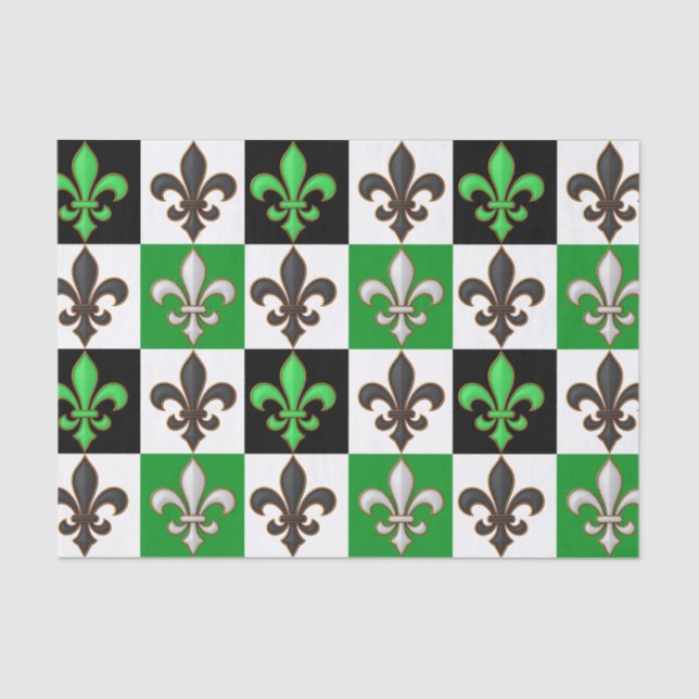 Green Black White Chequered Fleur-de-lis Design  Tissue Paper (Front)